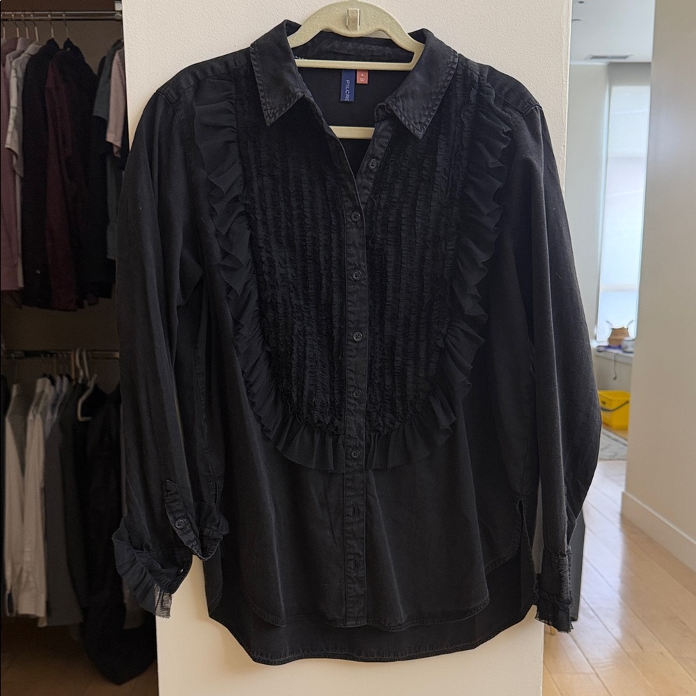 Pilcro Black Blouse with Ruffled Bib